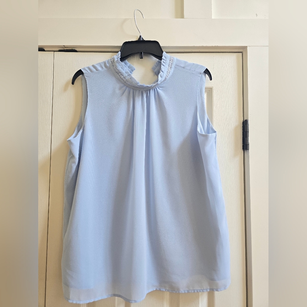 Karl Lagerfeld Blue Ruffled Blouse with Mandarin Collar